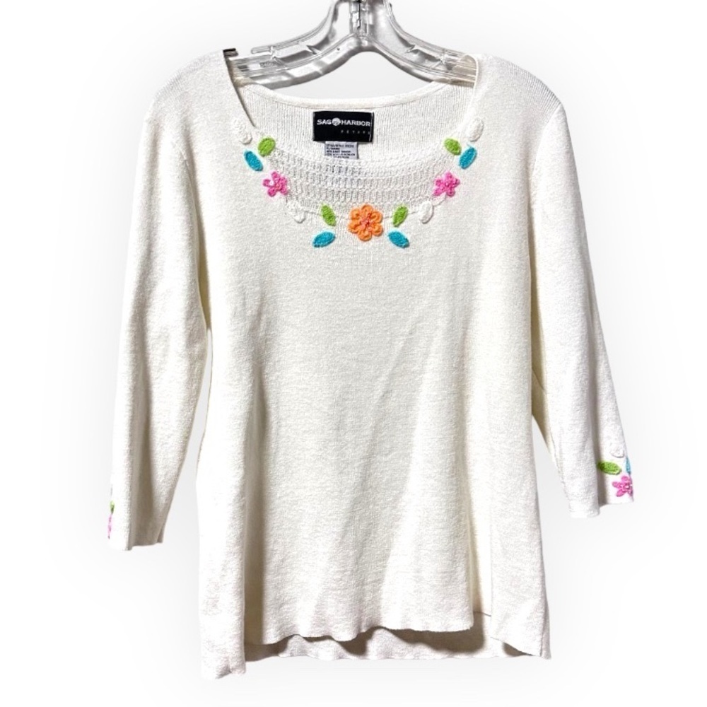 Sag Harbor White Sweater Floral Embroidery Vintage Women’s Size Large P Cottage